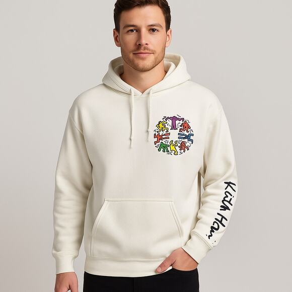 Keith Haring White Hoodie Dancing Figures Graphic Pullover Art Sweatshirt Large - Picture 1 of 10